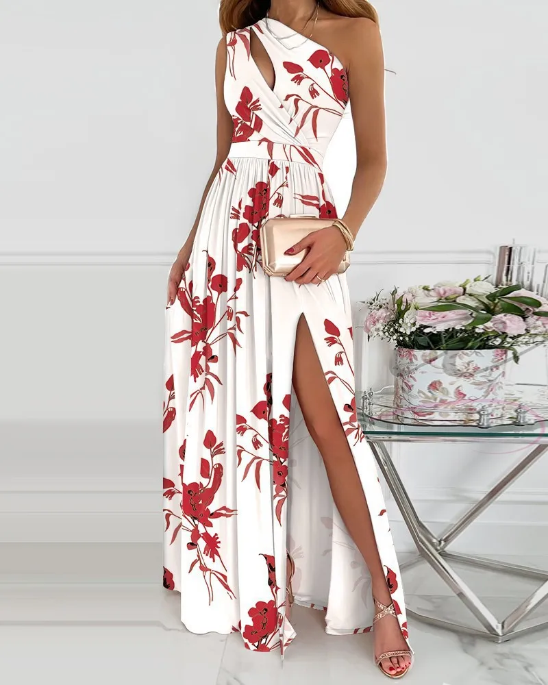 One shoulder hollowed out temperament manufacture  dress with high slit long skirt