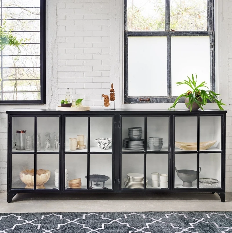 Industrial Furniture Dining Room Modern Home Storage Sideboard Metal Glass Wine Bar Display Cabinet