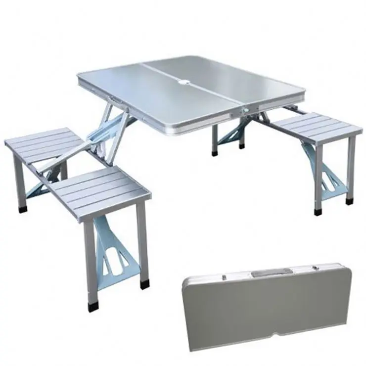 Outdoor Portable suitcase aluminum folding table with chairs and umbrella hole for camping