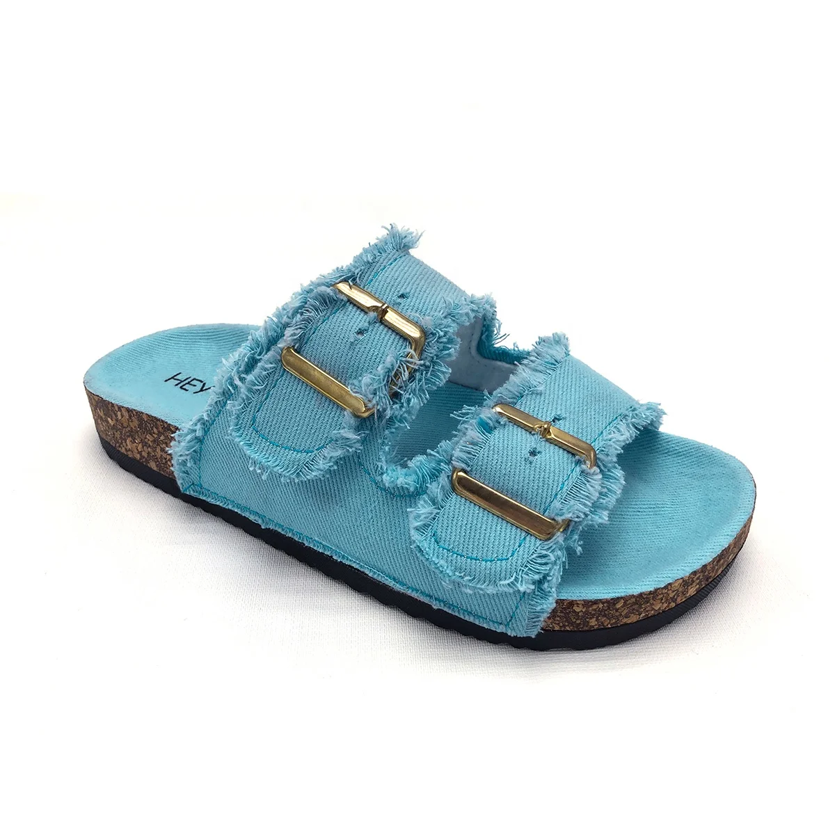 Женские сланцы из джинсовой ткани с двумя ремешками и двойной пряжкой льняные тканевые тапочки для девочек