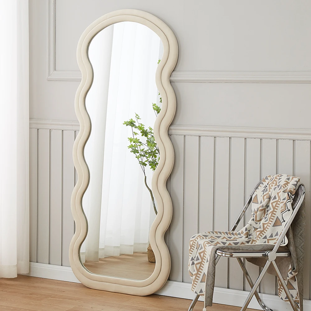 Hot Sale Arched Full Length Wooden Asymmetrical Mirror Frame Long Wavy Floor Standing Wall Leaner Mirror