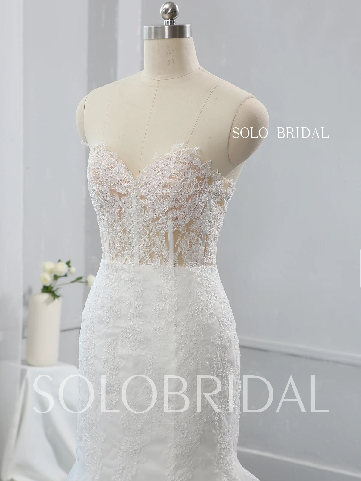 Seen through skin color bodice cathedral double layer lace royal long train ivory mermaid wedding gowns
