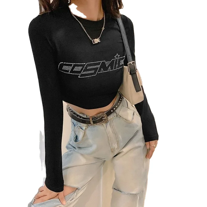 Wholesale Custom Logo Bling Fashion Long sleeve Vintage Women Rhinestone Crop Top T-Shirt