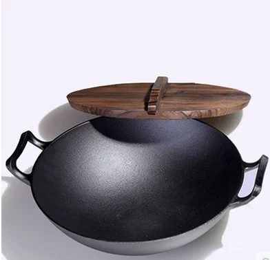 High Quality Chinese Pre-seasoned Cast Iron Wok Pan With Double Iron Handle