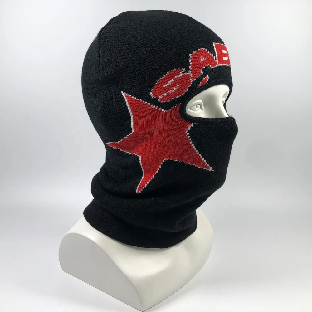 OEM acrylic winter unisex motorcycle black one hole warm ski mask custom red white stars jacquard design thermal balaclava