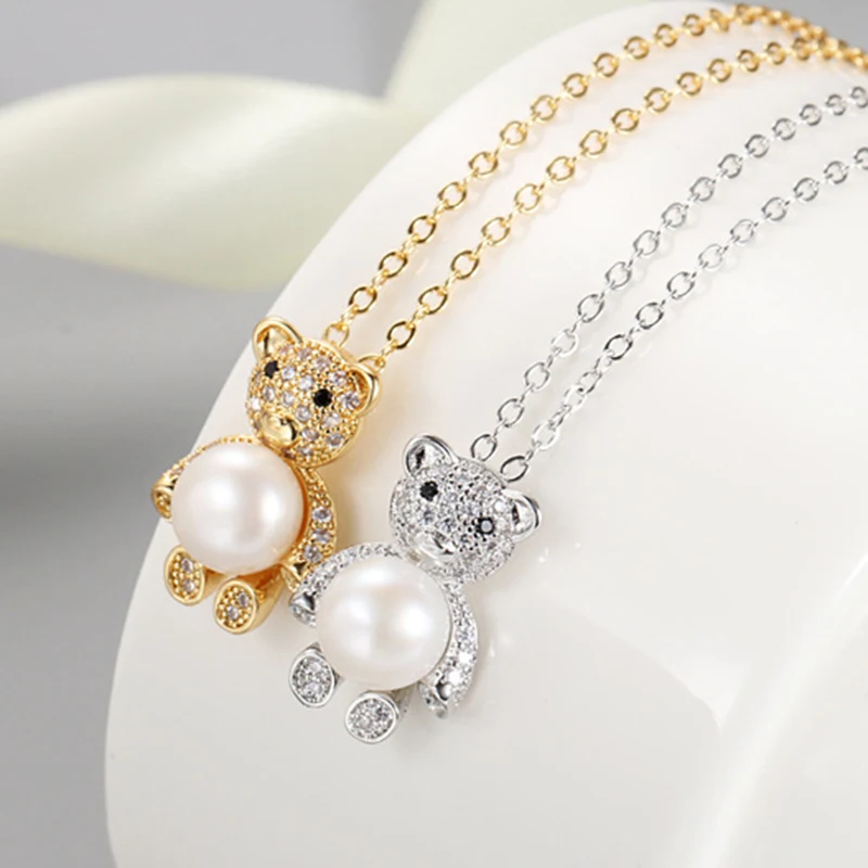 Gold Color Lovely Bear Natural Pearl Jewelry Crystal Real Brass Pendant Necklace For Women