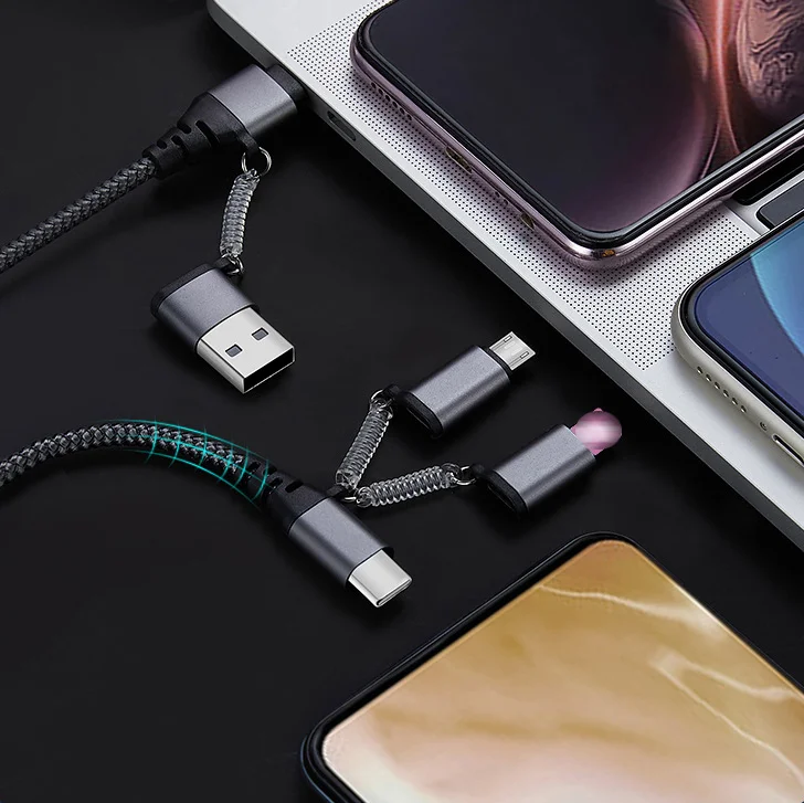 2 in 3 out 5 in 1 PD 60W PD USB Fast charging nylon braided data usb cable Phone Micro USB Type C Cable 3.3 FT Grey