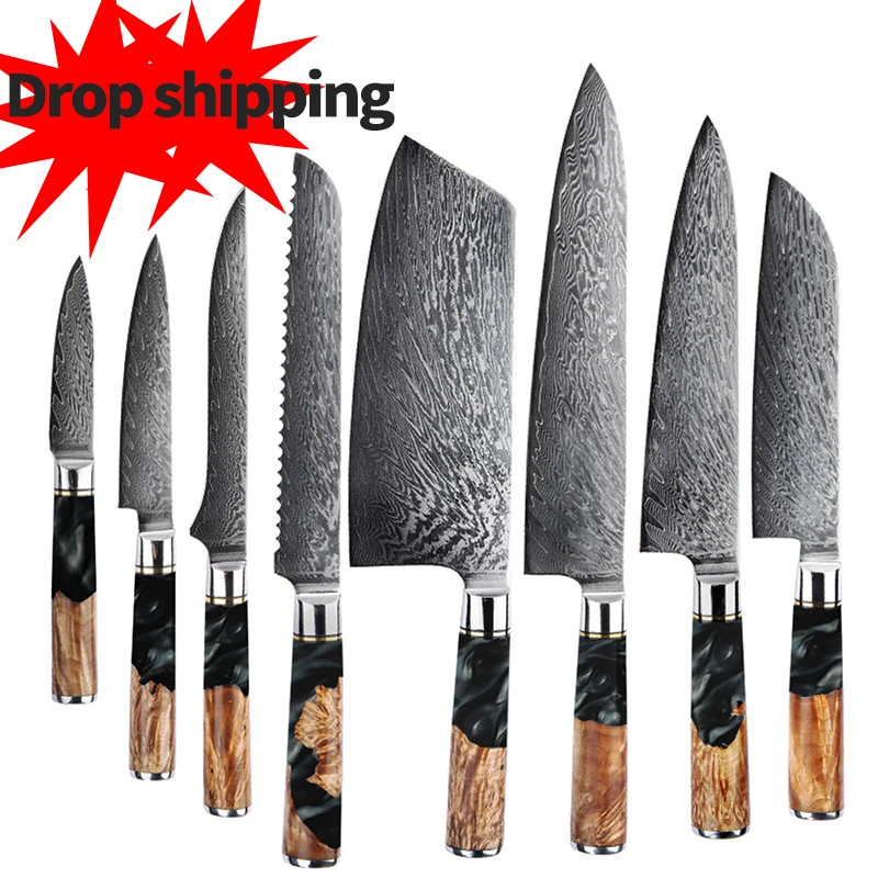 Resin wooden handle Damascus Japanese cook kitchen chef knives sets with VG10 67 layers carbon steel