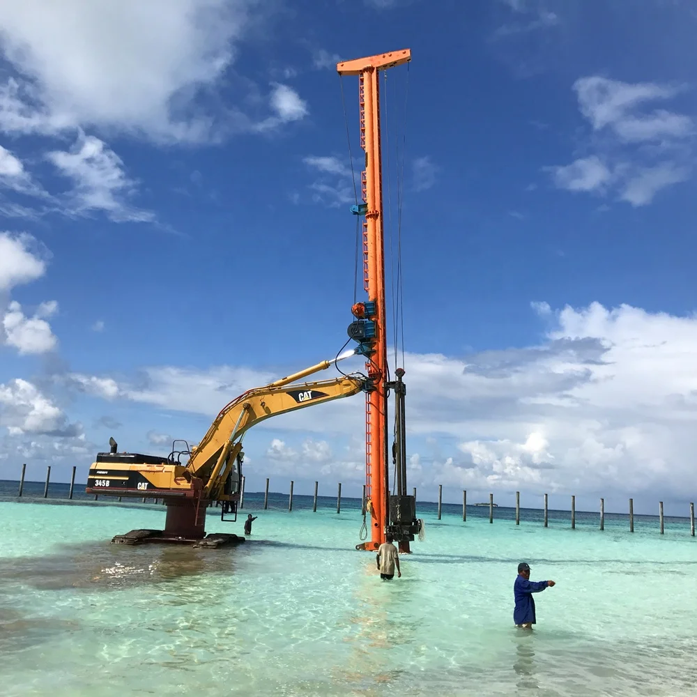 High bed excavator mounted pile driver with diesel pile hammer for resort or wharf project