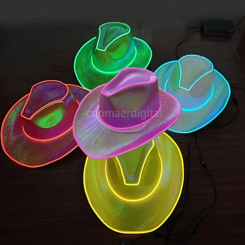 Western Styles Rainbow Light Up Holographic Led Flashing Iridescent Pink Hat Cowgirl Cowboy Hat Women