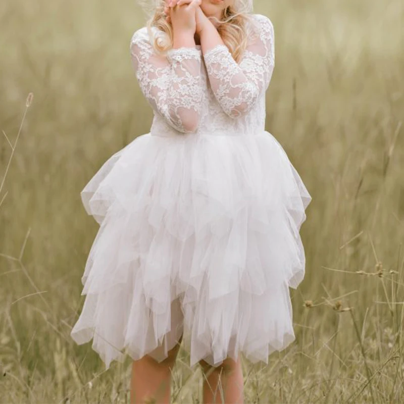 Custom Embroidery Ball Gown White Flower Princess Party Birthday Fluffy Dresses for Little Girls