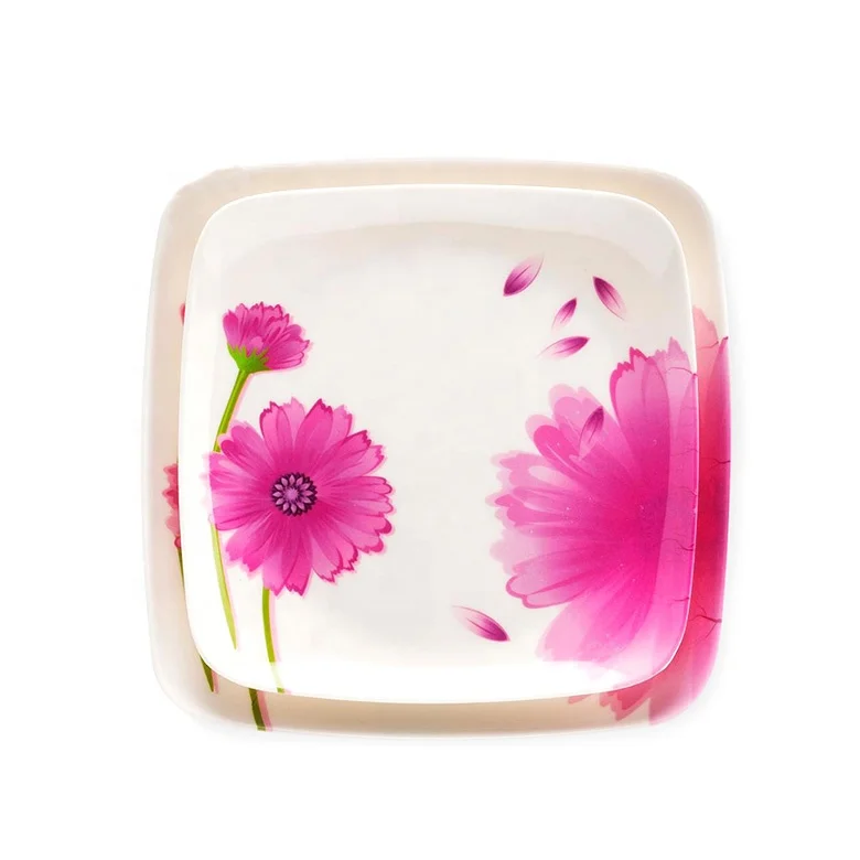 Restaurant dinnerware custom logo flower design OEM melamine plastic square dishes food grade square dinner plates