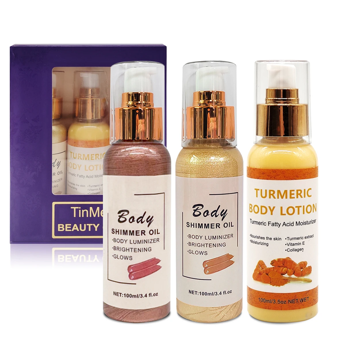 Gold & Brown Gold Shimmer Body Luminizer Smooth Highlighter Summer Taning Makeup With Turmeric Body Lotion Set