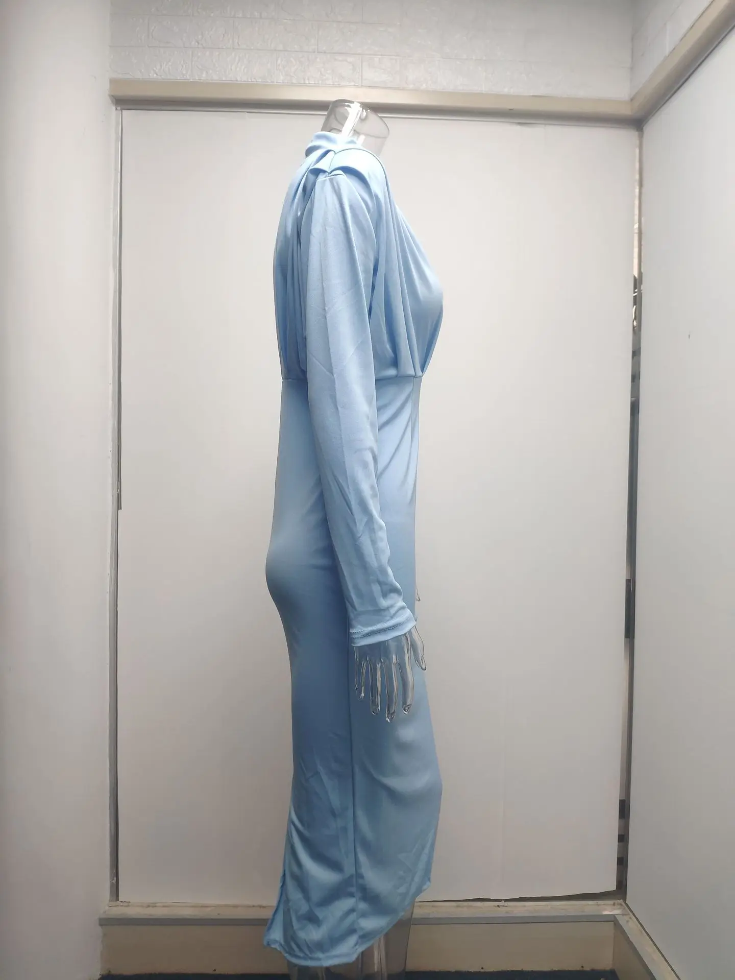 S-3XL Fall New Fashion Temperament Waist Fashionable Solid Color Long Sleeve Dress High Neck Wrapped Hip Evening Dress