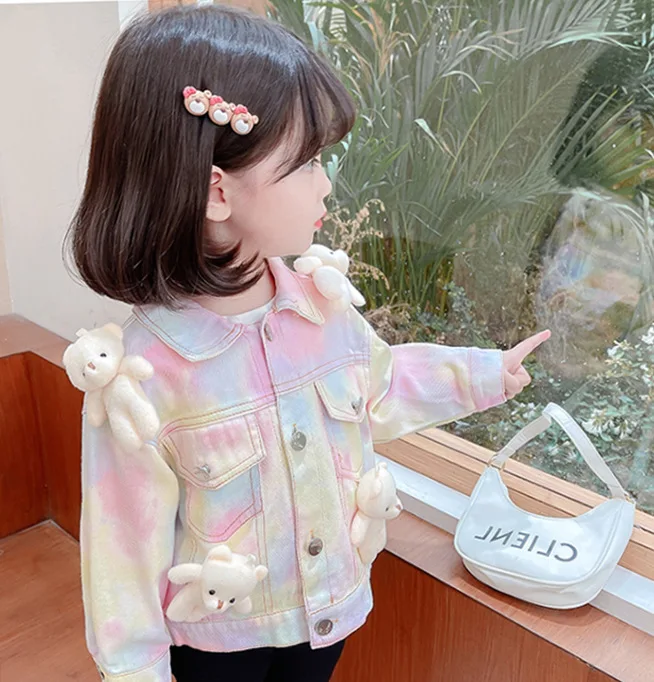 Ivy83629A 1-7Y Girls Baby Cute Little Bear Tops 2023 Kids Spring Autumn New Fashion Fancy Jackets Girls Tie Dye Denim Coat