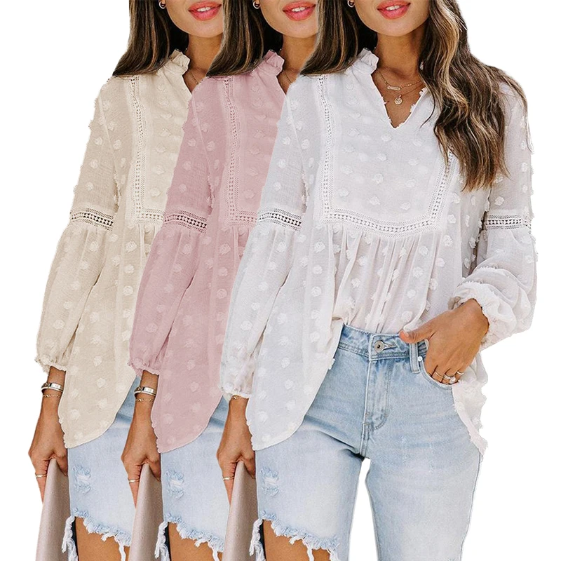 
New Design Solid Color Long Sleeve Vintage Sweatshirt Lace Lantern Sleeve Blouses Elegant Women Tops 