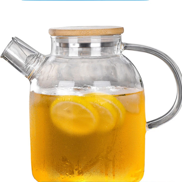 large capacity high borosilicate clear glass jug juice water teapot with bamboo steel lid