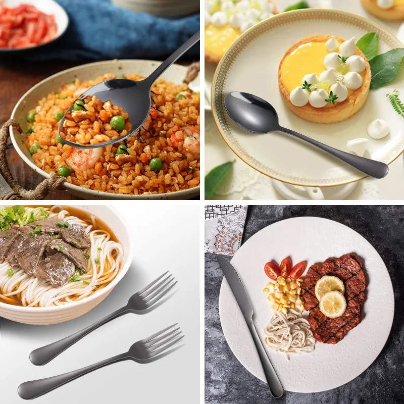 Fast delivery restaurant hotel stainless steel cutlery set knife fork spoon flatware sets black gold flatware bulk custom logo