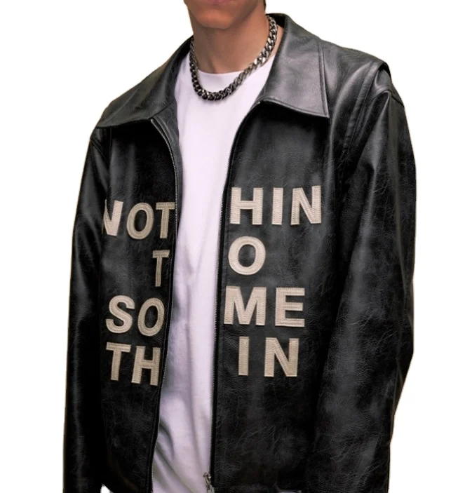 Custom Design Letter Patch Embroidered Short Loose PU Leather Motorcycle Jacket Cool Men Coats Outerwear