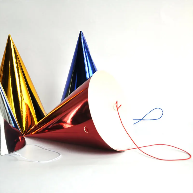 New Happy Birthday Kids Children Adults Metallic Paper Party Hat 4pk with String