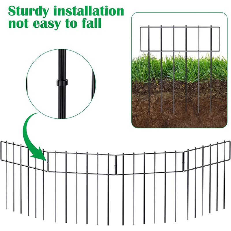 24x15-inch Underground Decorative Garden Fencing Dog Rabbits Fences Black Metal Fence Panel Ground Stakes Defence for Outdoor