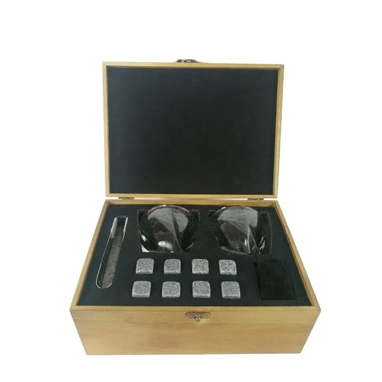 Premium Whiskey Stones and Whiskey Glasses Gift Boxed Set, 8 Granite Chilling Whisky Rocks with Ice Tong and Pouch in Wooden Box