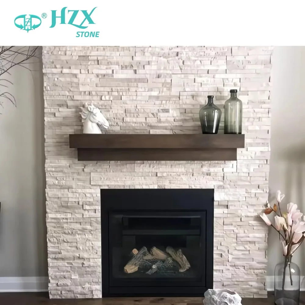 HZX Modern Design White Marble Wall Cladding Antacid Splitface and Polished Wooden Stacked Ledger Stone Panel for Villas