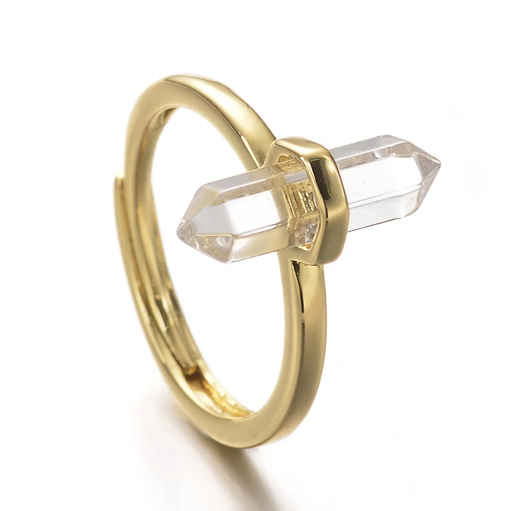 Cliobeads Prism Shape Rose Quartz Amethyst Onyx Crystal Natural Gemstone Ring Adjustable Women Stone Ring