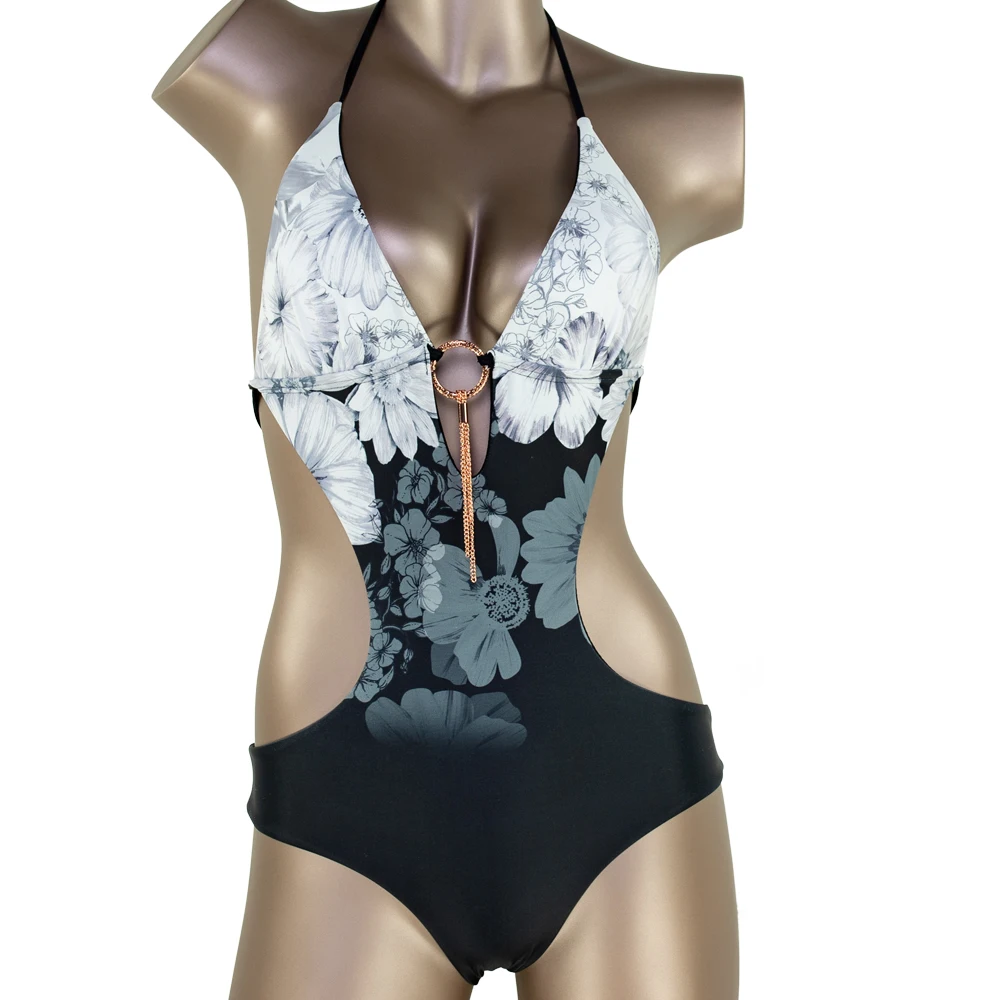 
New Arrival Woman 2021 Black Flower Sexy One Piece Swimsuit 