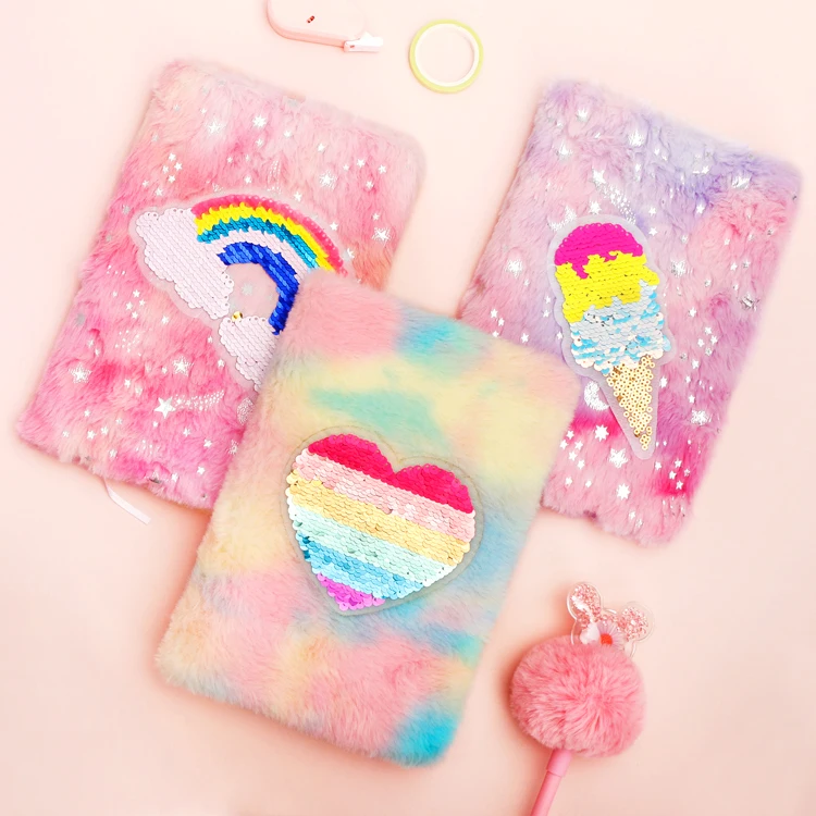 Wholesale A5 Journal Diary Colorful Rainbow Design Plush Notebook with Sequins Patch for kids