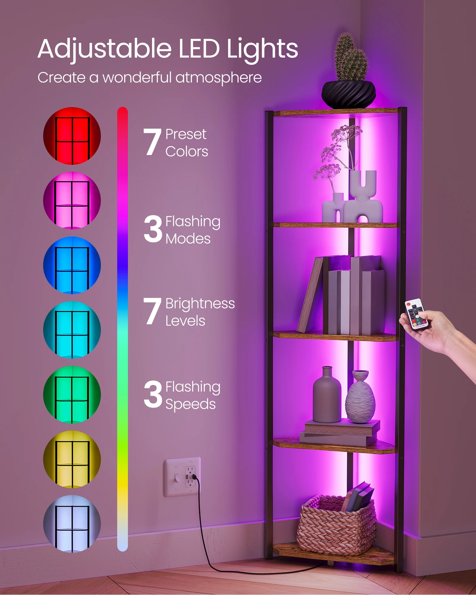 VASAGLE Bookcase with Adjustable LED Lights Corner bookshelf multi-layer simple desk storage racks 5-Tier Corner Shelf