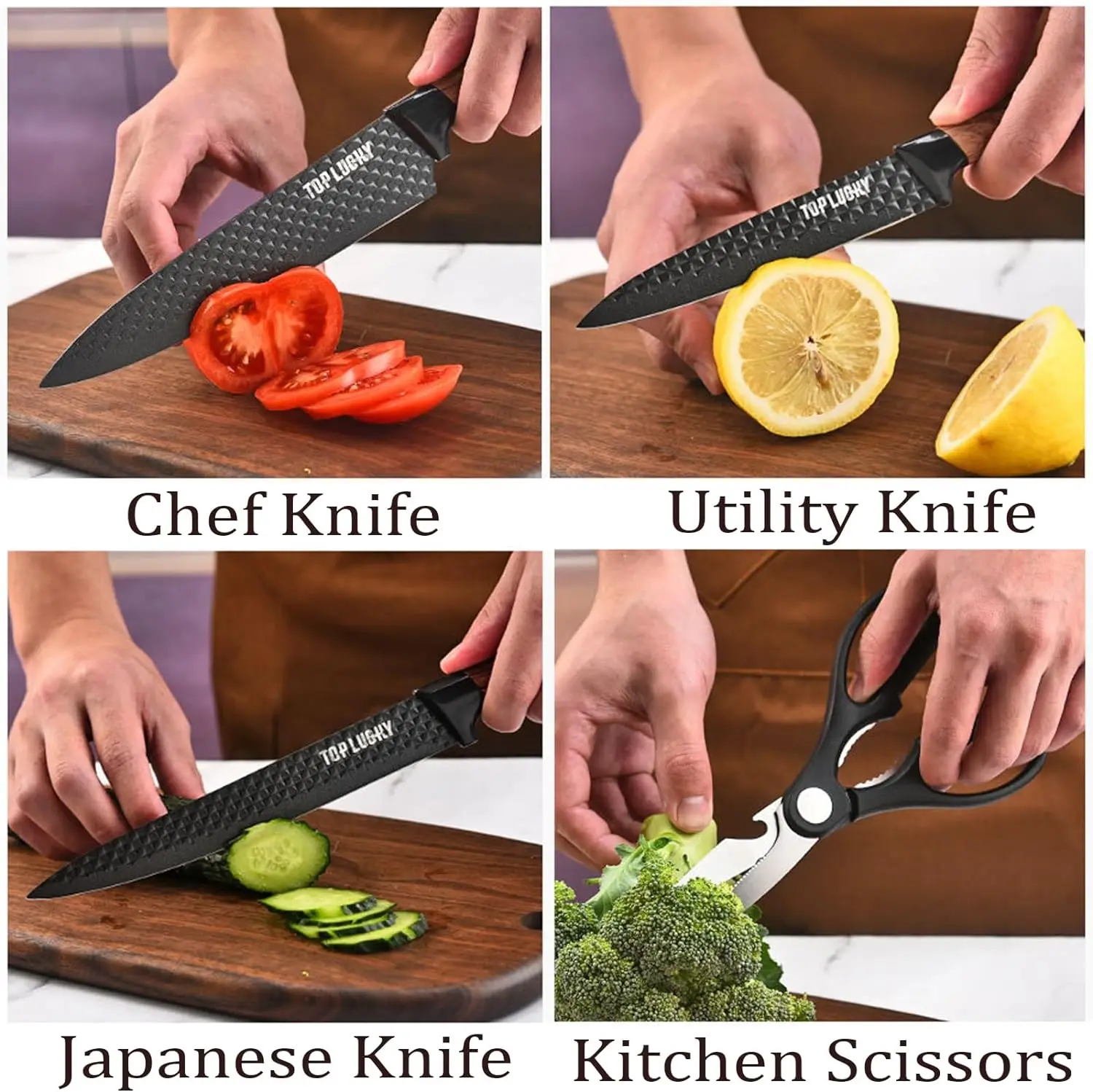 6-Pieces Khaki Sharp Non-stick Non-slip Stainless Steel Chef Suitable for Home Restaurant Kitchen Knife Set