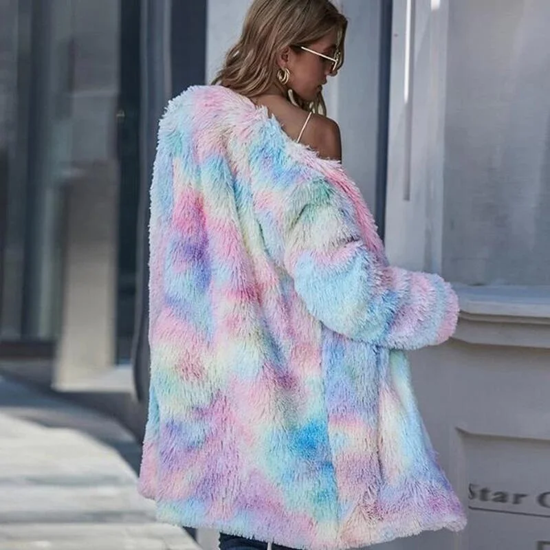 Autumn and Winter Fashion Loosen Oversize Plush Coat Rainbow Colorful Ferry  Long Sleeves Cardigan Casual Coat Customized