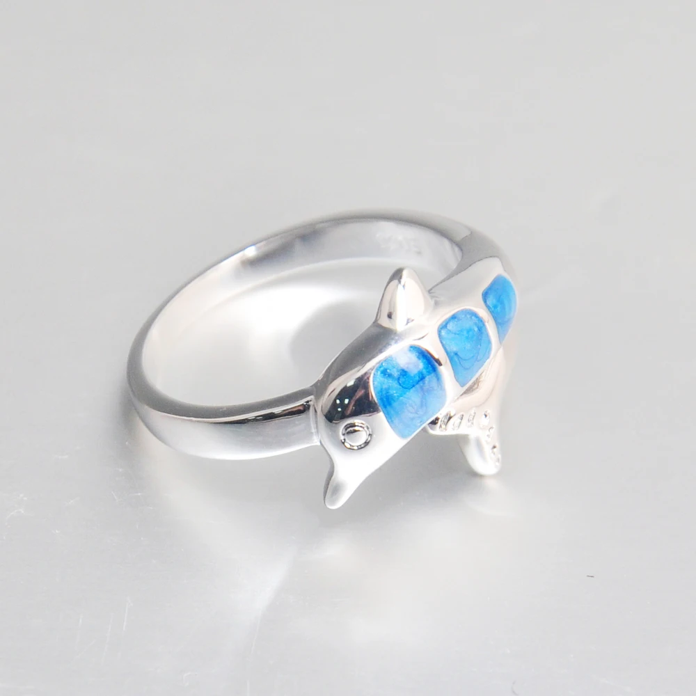 Wholesale Price Blue Enamel SeaLife Jewelry Small Quantity Stock Dolphin Jewelry Rings For Women