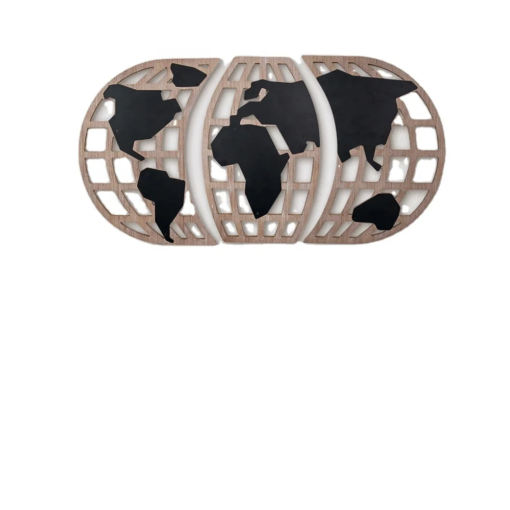 Amazon Hot Selling Nordic Custom Mdf 3 Panel Sets Wooden Wall World Map Wall Art Craft Home Decor