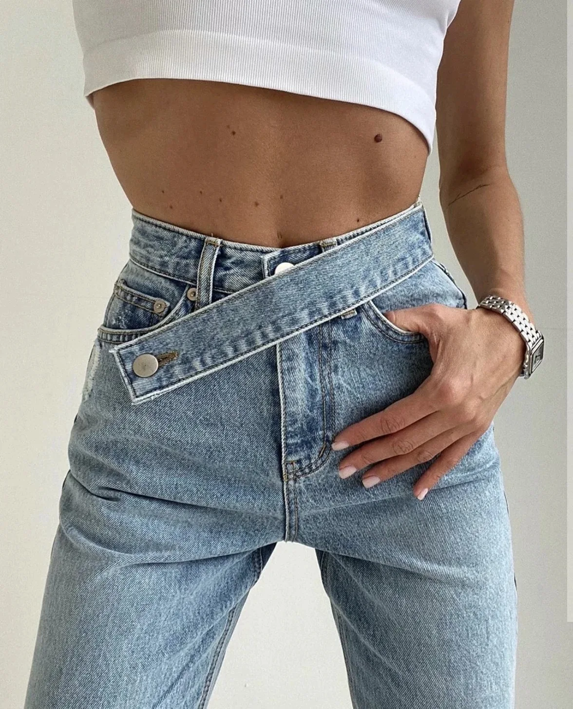 Blue Gray Streetwear Vintage Fashion Harajuku Straight Pants High Waist Clothes Wide Leg Denim Clothing Woman Oblique Belt Jeans