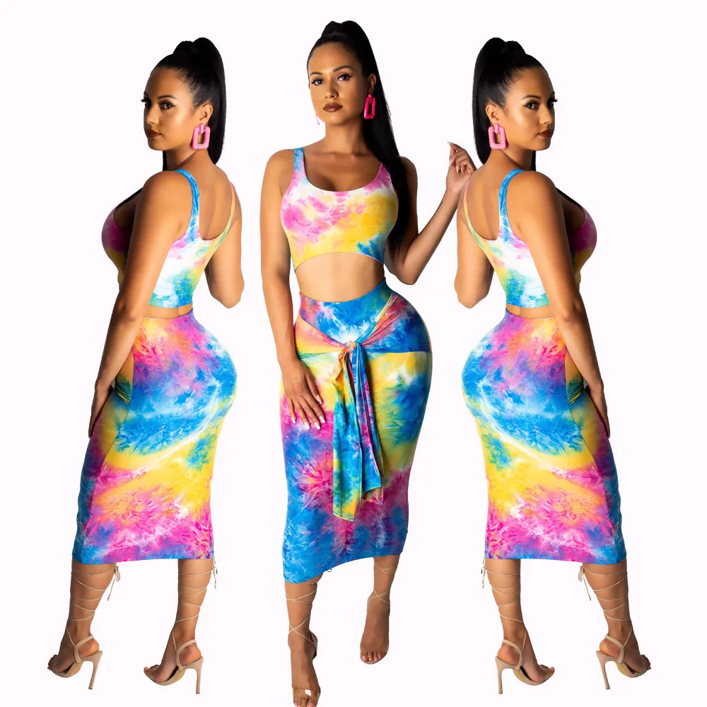 Factory Tie-Dye Print Set Top And Dress Suit Women Two Pieces