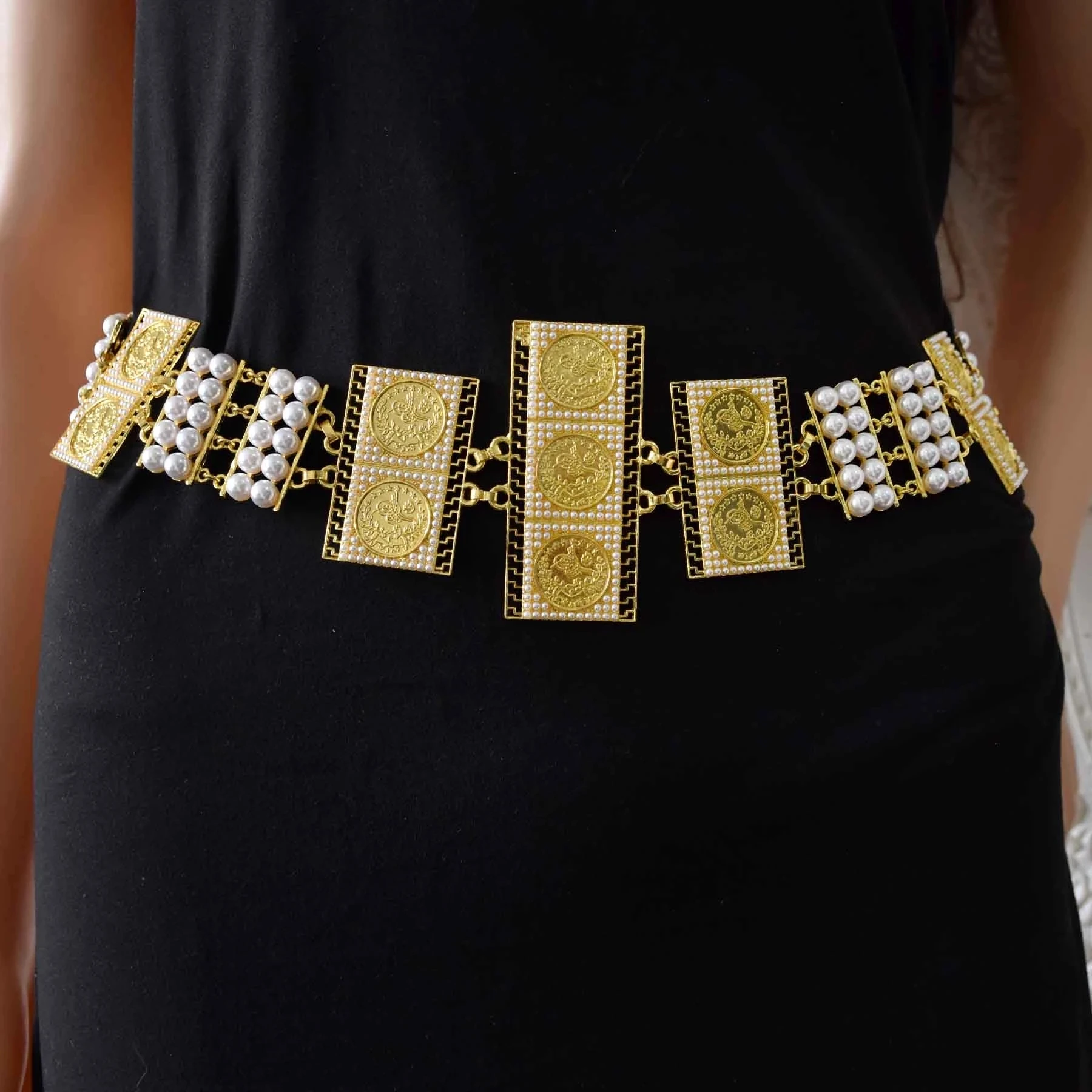 Belly Waist Belt for Women Gold Plated Sequins With Pearl Dress Body Belts for Women Party Jewelry Gift