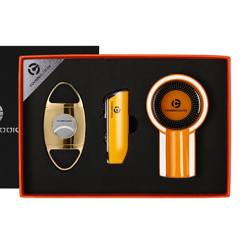 Portable 3-Piece Cigar Accessory Set Zinc Alloy Lighter Ashtray Cutter with Custom Laser Logo Gift in Gift Box Packaging