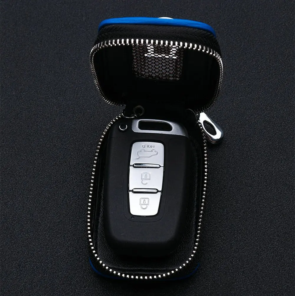 High quality leather automatic key fob holder smart key chain protective cover with metal hook and zipper