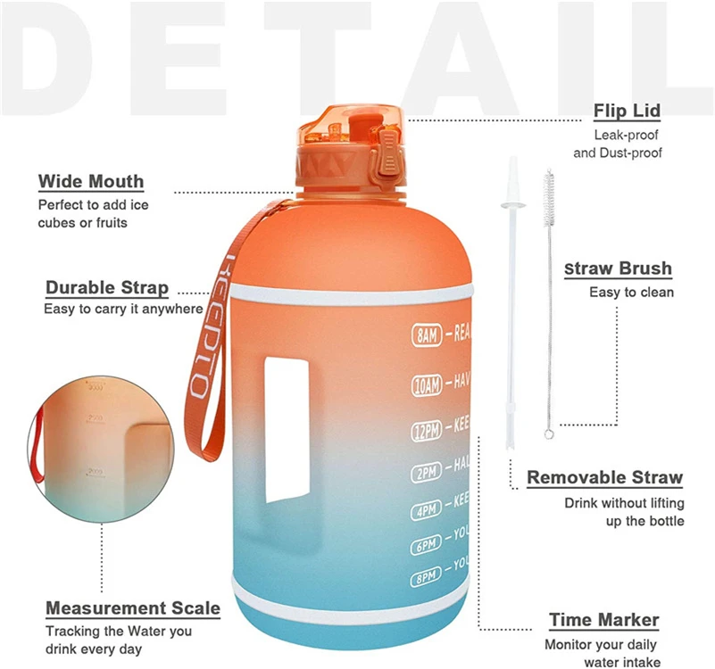 Water Bottles With Custom Logo 1 Gallon Petg Sport Water Bottle Bpa Free With Time Markers