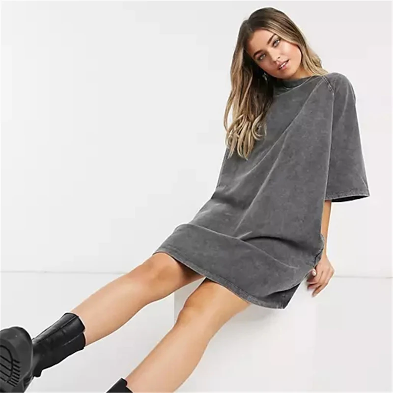Wholesale Short Sleeve Oversized Heavy Weight Vintage Grey Acid Wash Cotton T shirt Dress Women