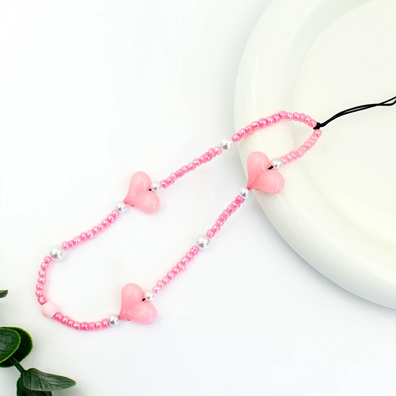 New Acrylic Rice Beads Phone Pendant Solid Color Heart Mobile Phone Chain hand chain short mobile phone lanyard