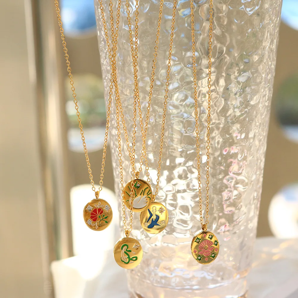 Beautiful Handmade Enameled Animal Shark Snake Pattern Coin Pendant Necklace No Fade Stainless Steel Oil Drip Flower Necklace