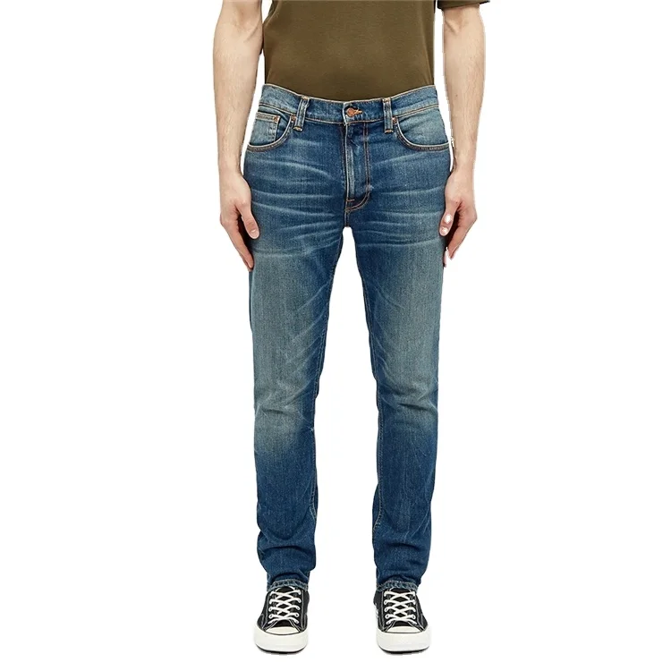 
Custom 100% Cotton Denim Jeans Men Slim Fit Blue Wash Zipper Fly Wholesale 