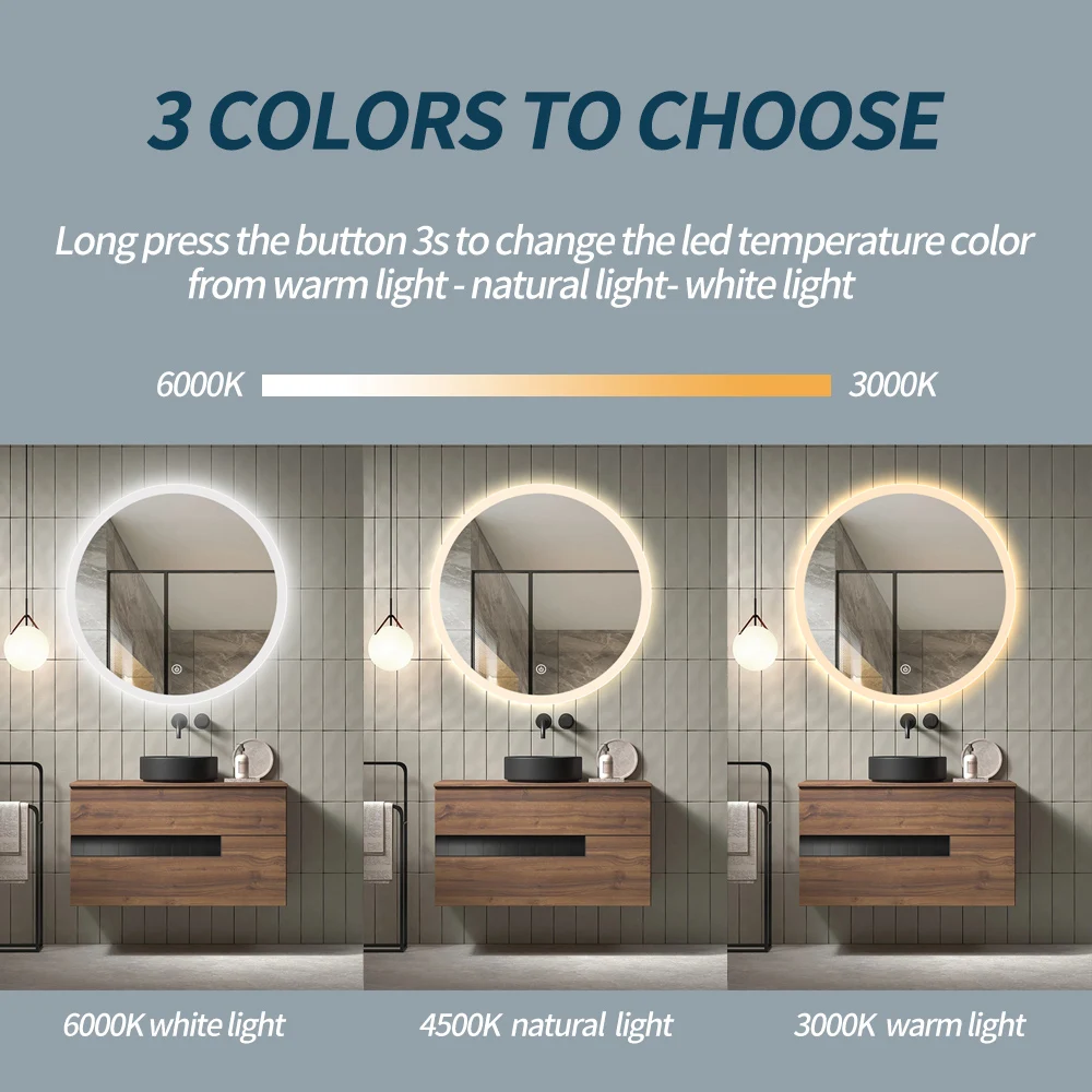 Factory wholesale smart hotel lighted round mirror anti fog wall bathroom led mirror with music features bath mirrors