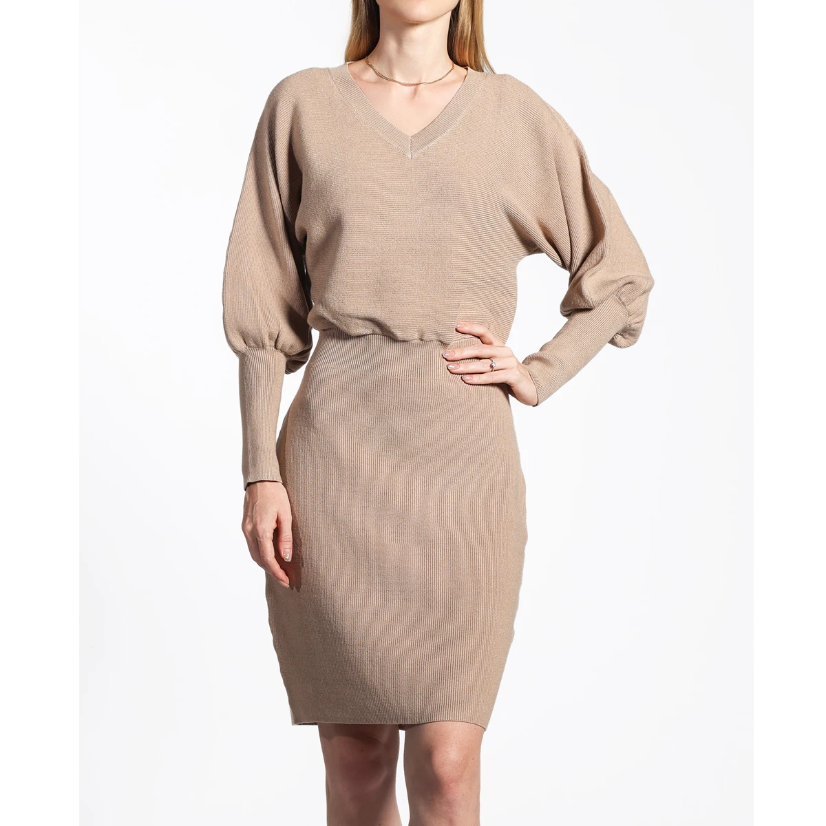 BSCI ISO9001 Factory Ladies Sweaters fall puff sleeve plain elegant ribbed knitted dresses women winter autumn long midi dress