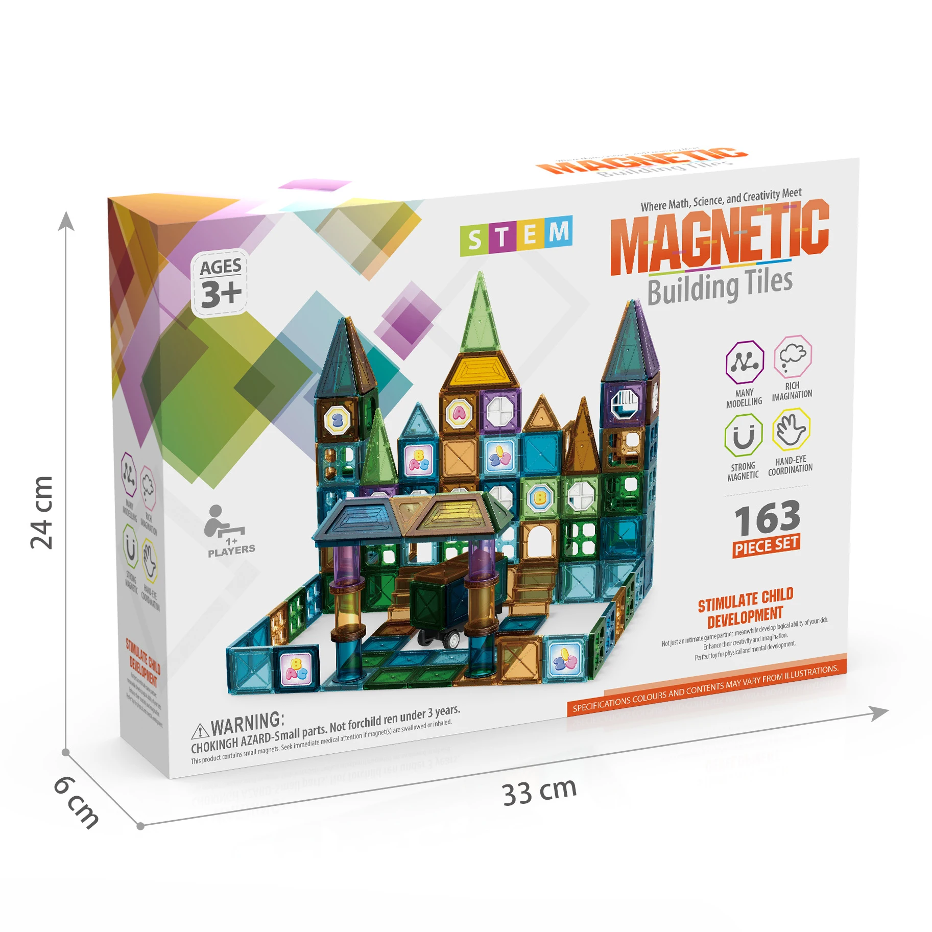 Wholesale low MOQ child DIY multi color assembly castle game 163 pieces magnetic building tiles games 3d blocks