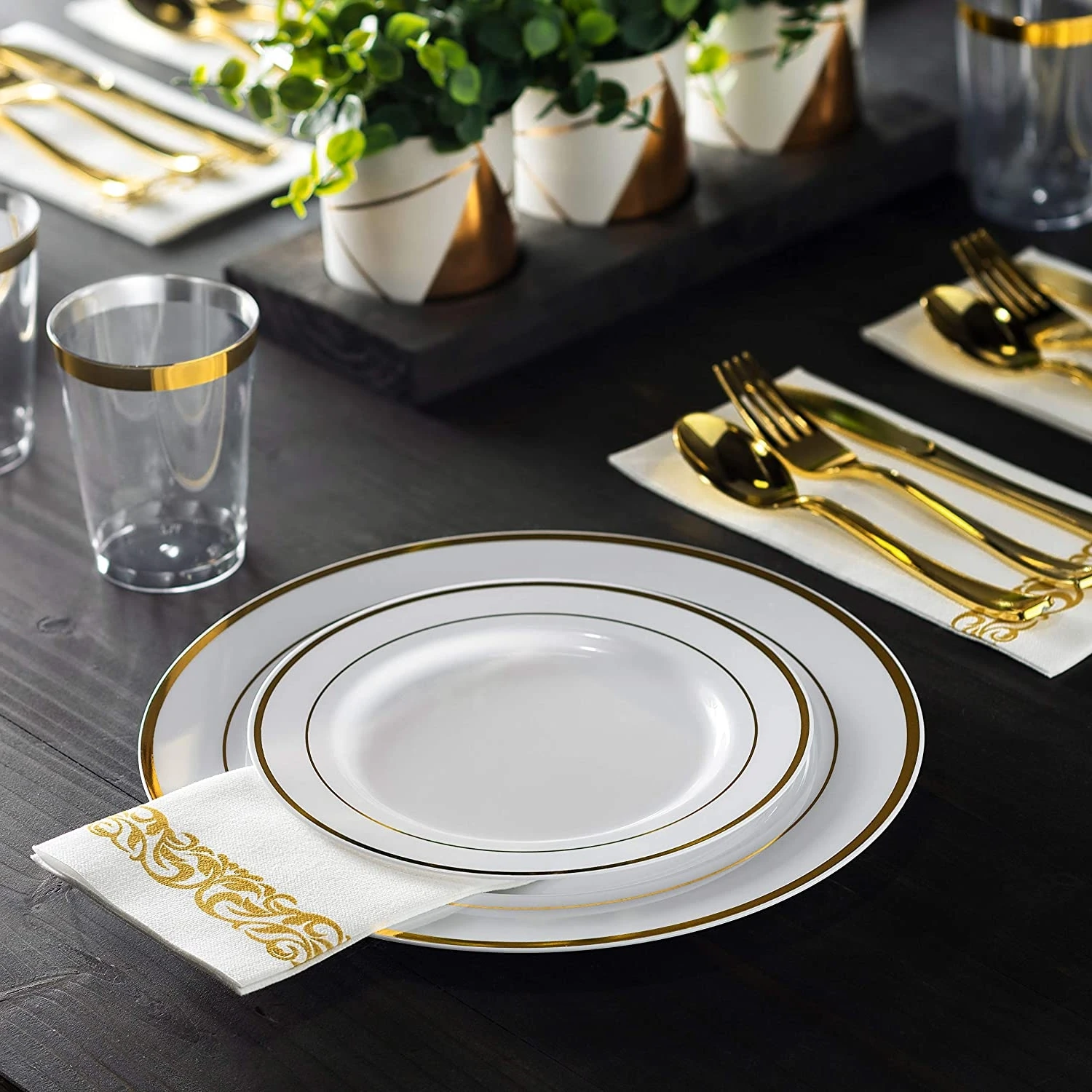 350pcs Gold Dinnerware Set include Gold Rim Plastic Plate Plastic Silverware Plastic Cups Linen Like Gold napkins