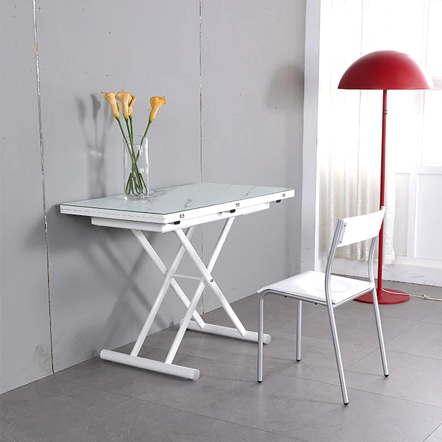 2023 Home Furniture Marble White Glass Top Lifting Dining Table For Living Room